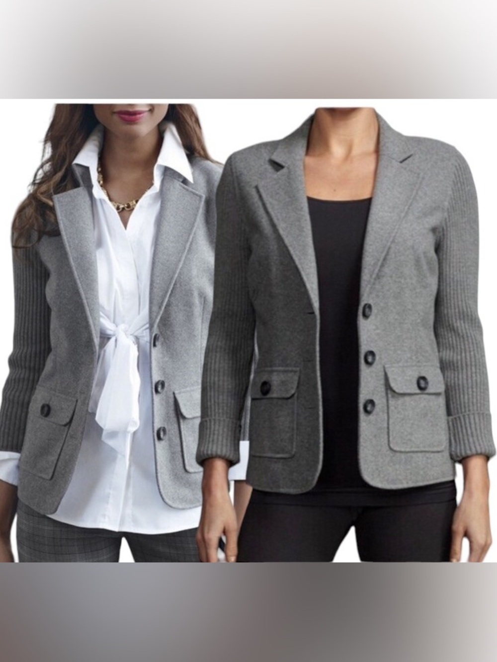 CAbi Style 119 Gray Wool Blend Sweater Blazer Ribbed Knit Sleeves & Back L